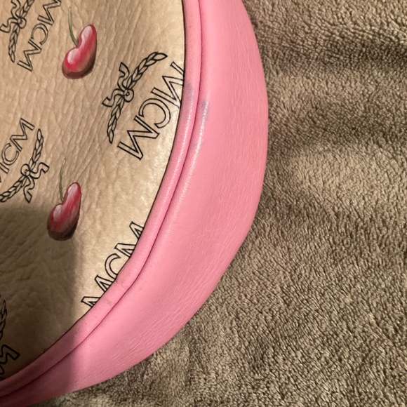 MCM Round Pink/Tan w/Cherries and Gold Chain Crossbody - Picture 2 of 16